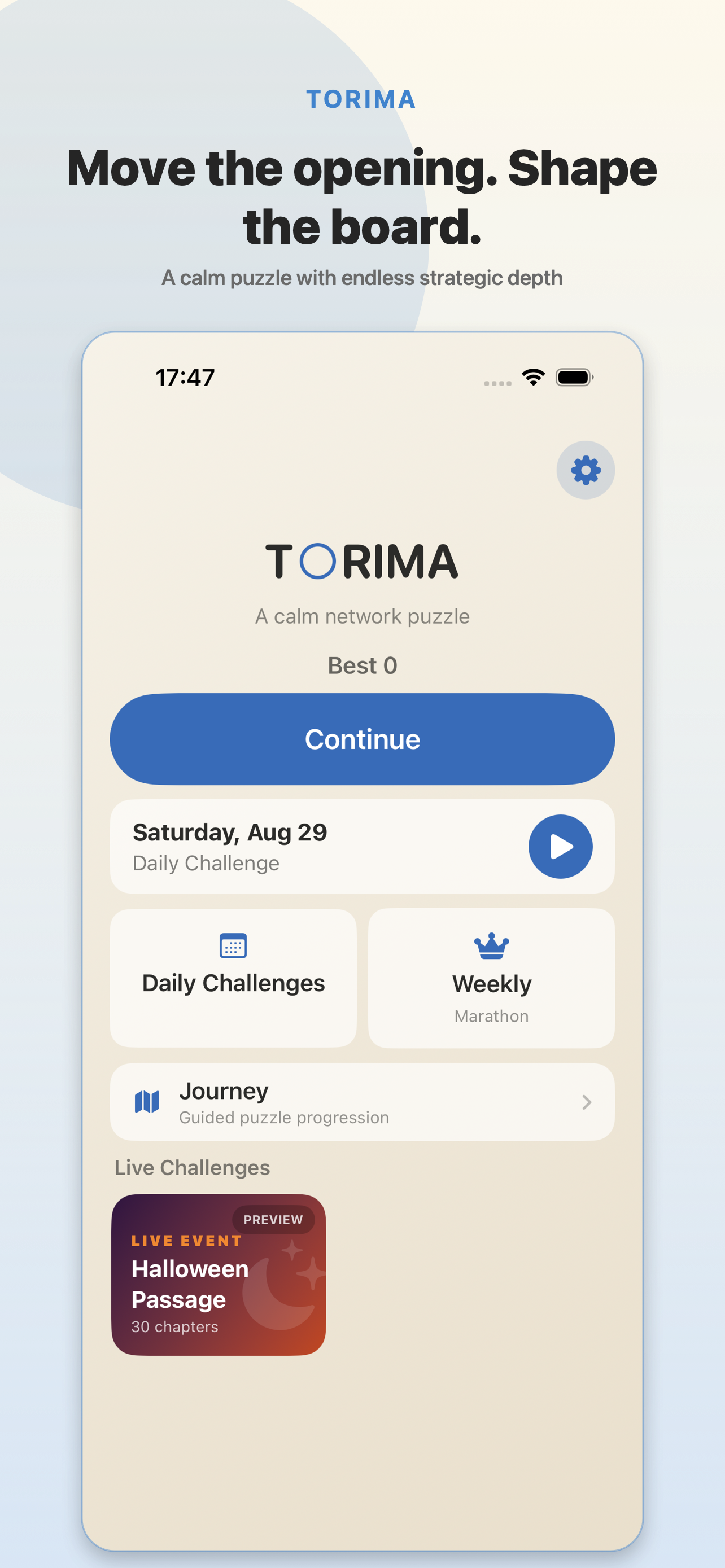 Torima home screen showing the endless puzzle